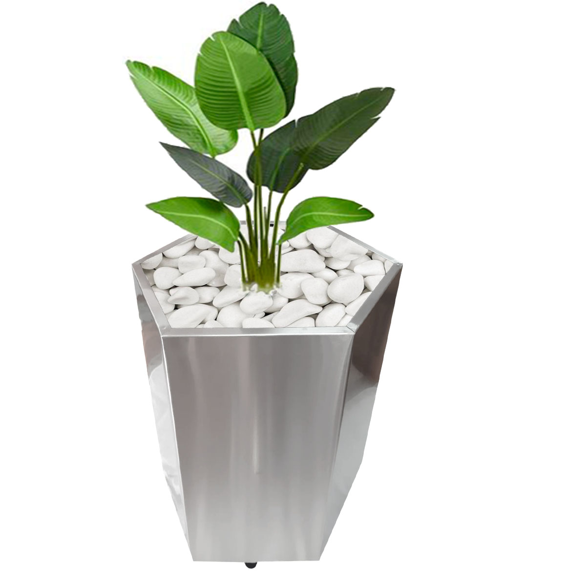 Maceta hexagonal grande de acero inoxidable de 62 cm de alto para exterior y proyectos urbanos