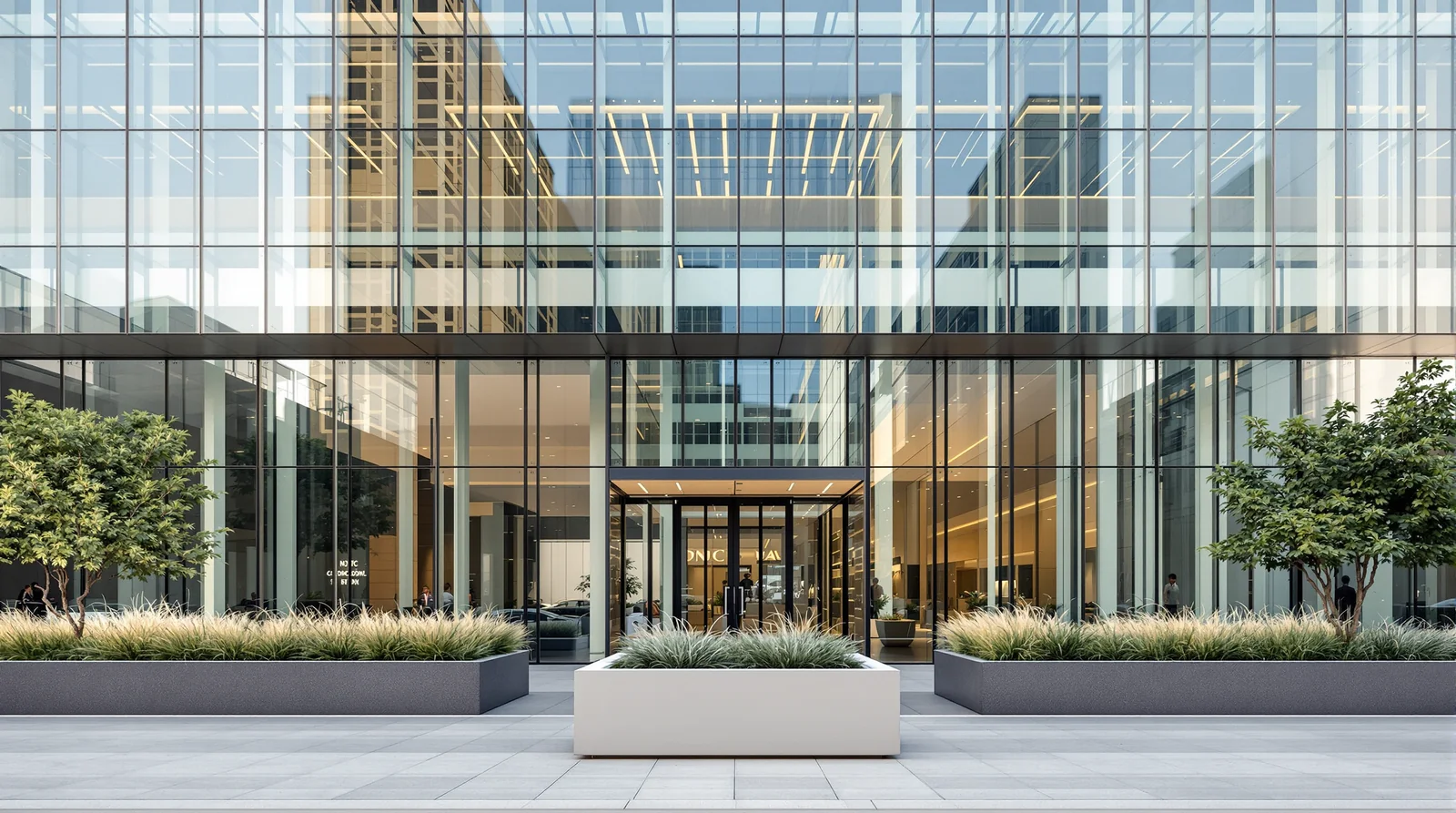 Maceta cuadrada de fibra de vidrio en plaza de fachada corporativa