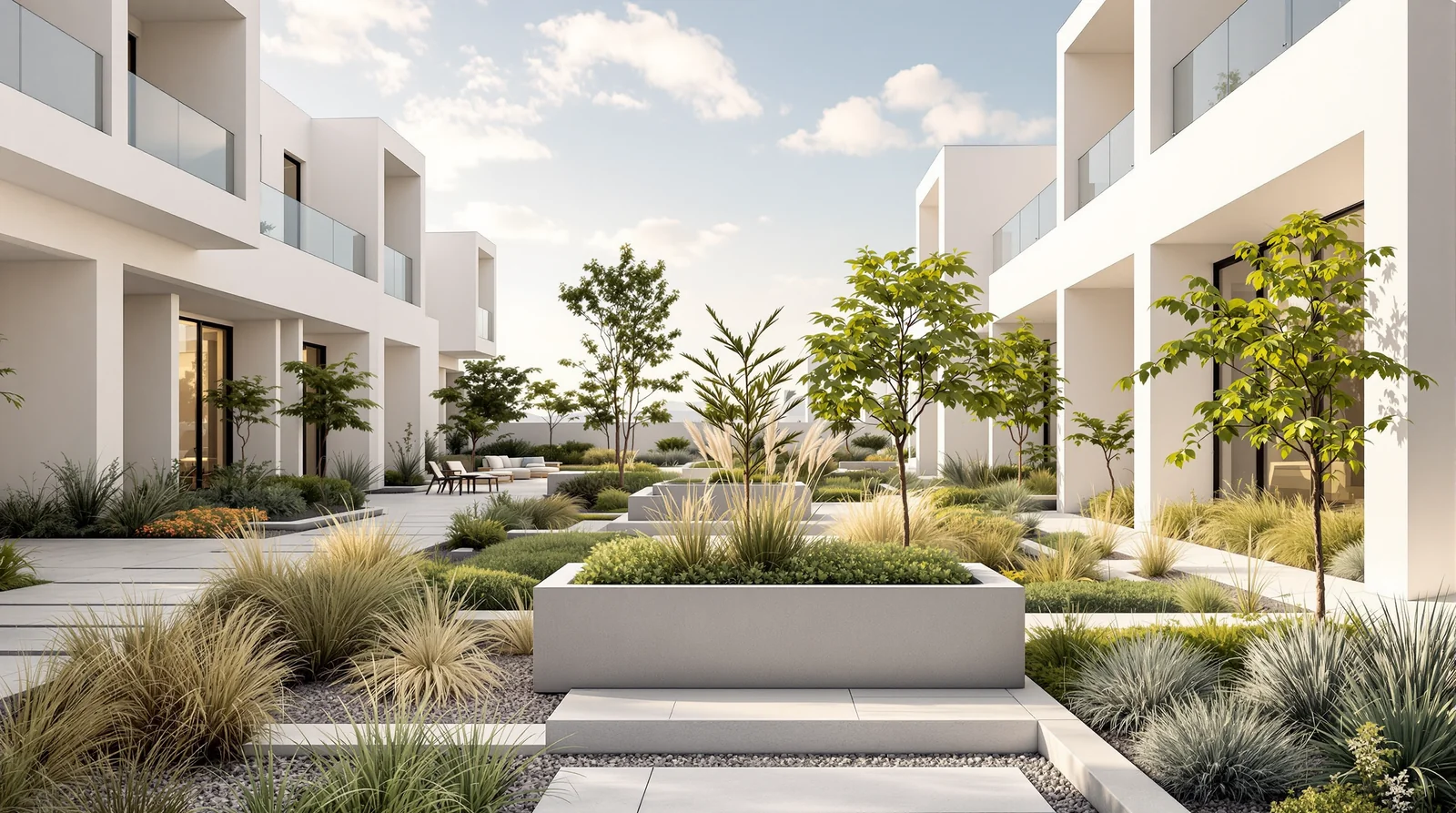 Jardineras a medida de concreto pulido en desarrollo residencial premium