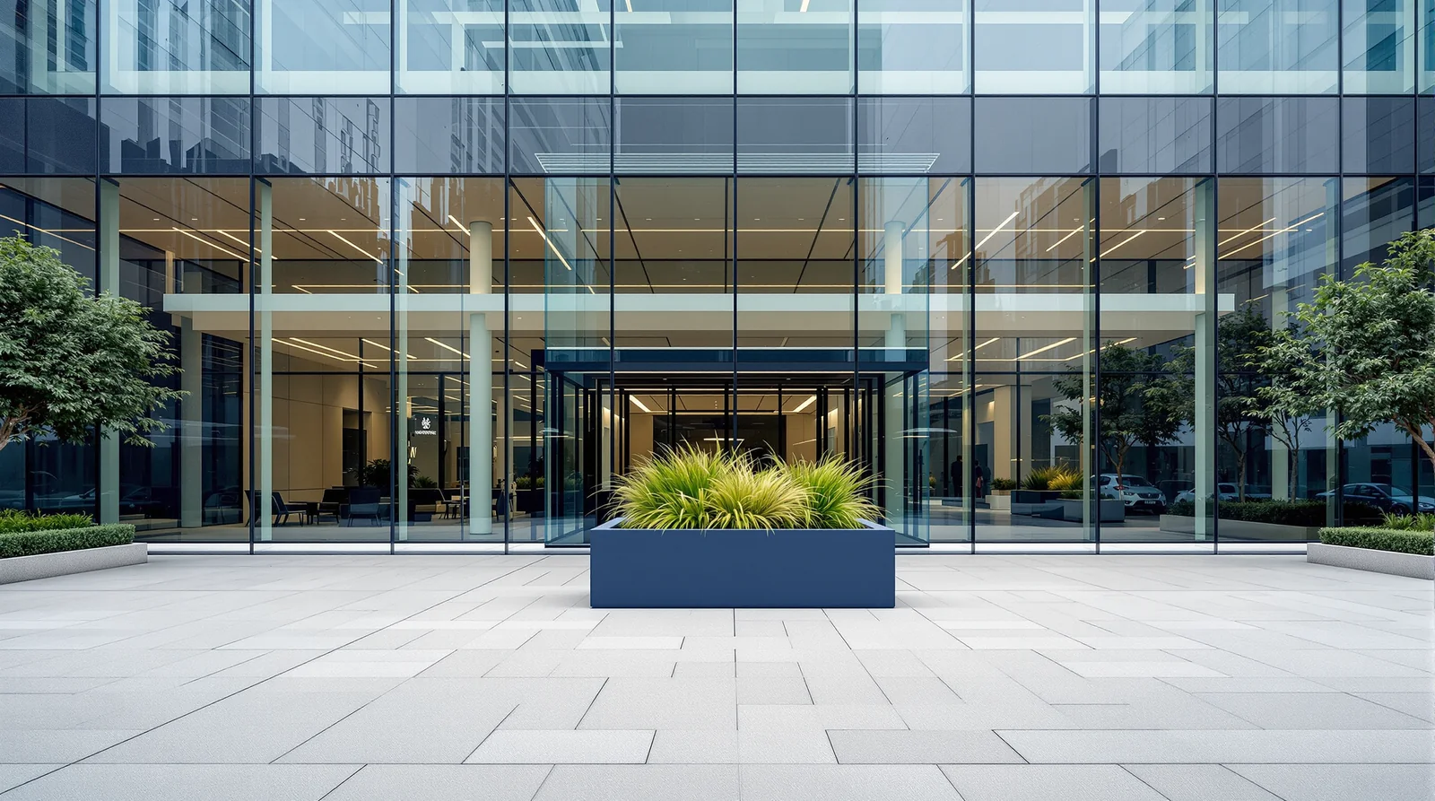 Cubo navy de fibra de vidrio en plaza de fachada corporativa de cristal en CDMX