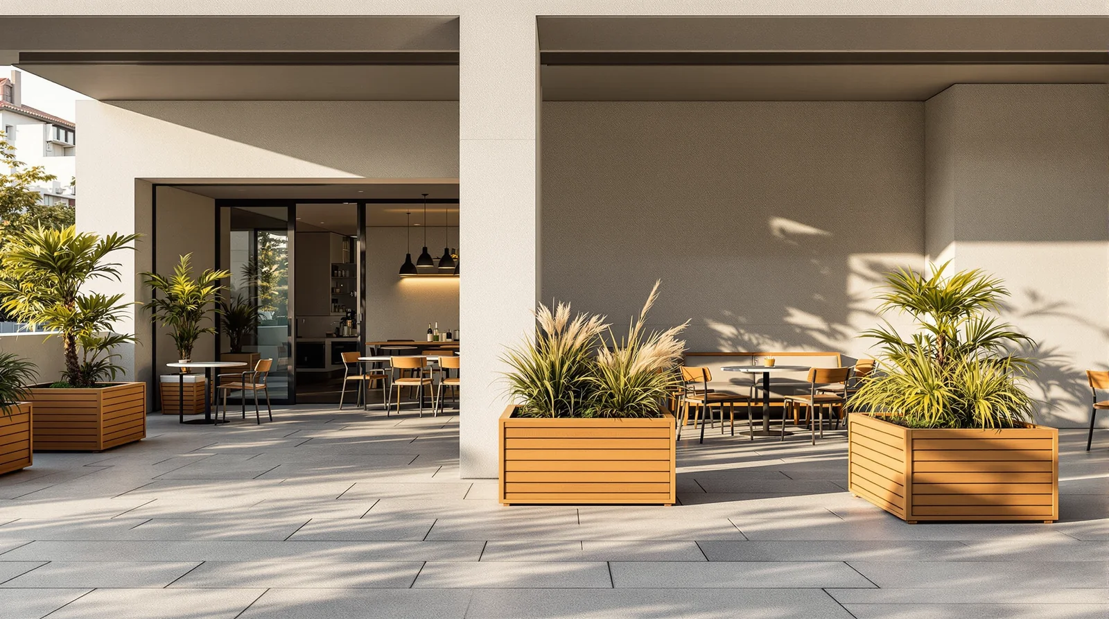 Cubos cuadrados de plastimadera con tablas horizontales en terraza de café boutique mexicano
