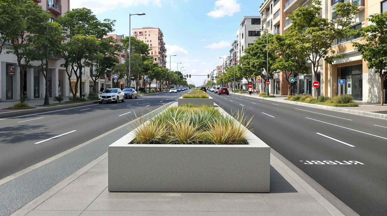 Jardinera rectangular de concreto pulido en camellón central de avenida urbana mexicana, luz difusa