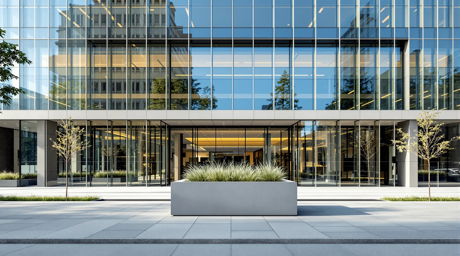 Pieza monumental cilíndrica vertical de concreto pulido frente a fachada corporativa de cristal en CDMX, luz difusa