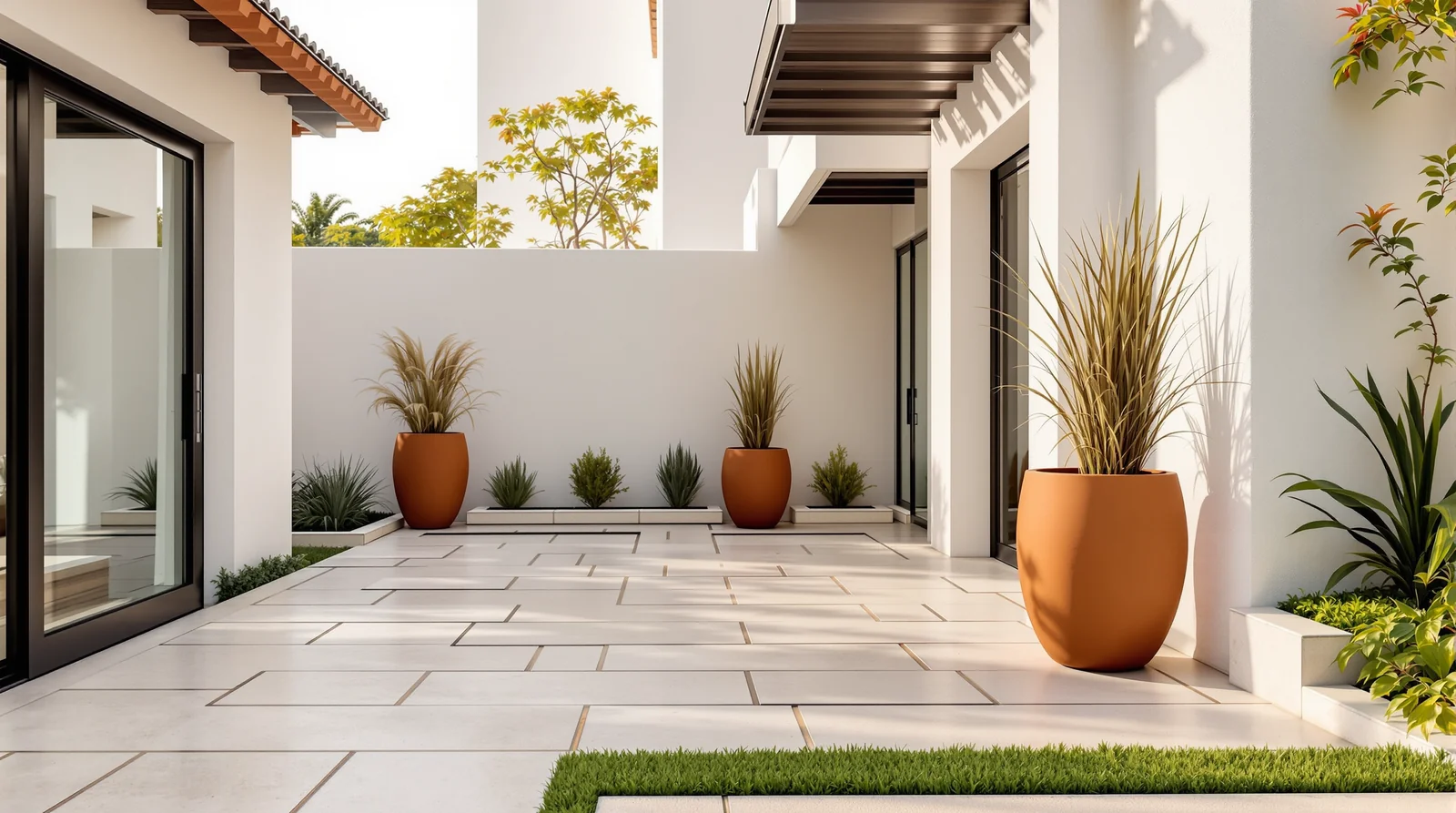 Macetas de fibra de vidrio con acabado barro terracota en hoteles boutique