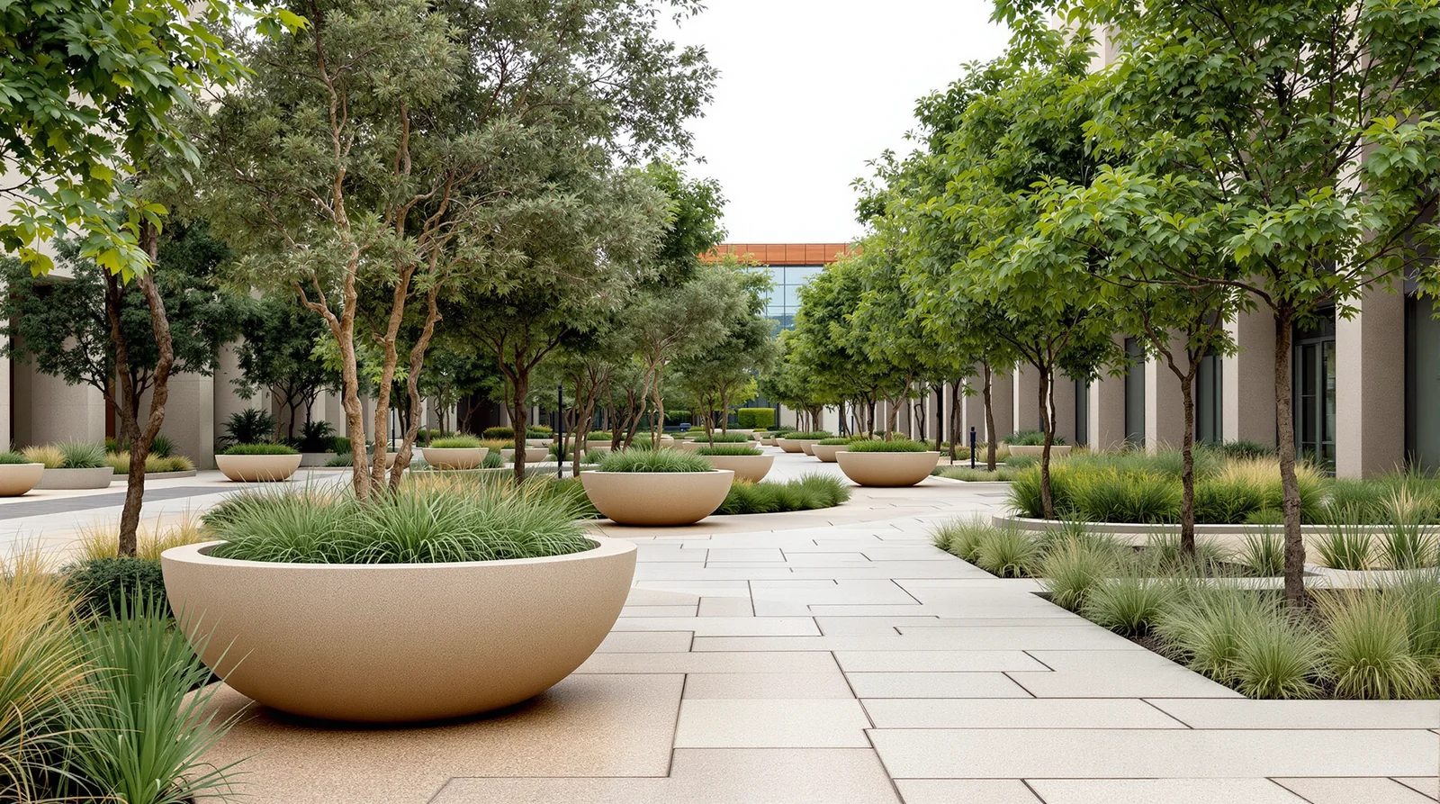 Bowl bajo de fibra de vidrio con acabado cantera en parque público