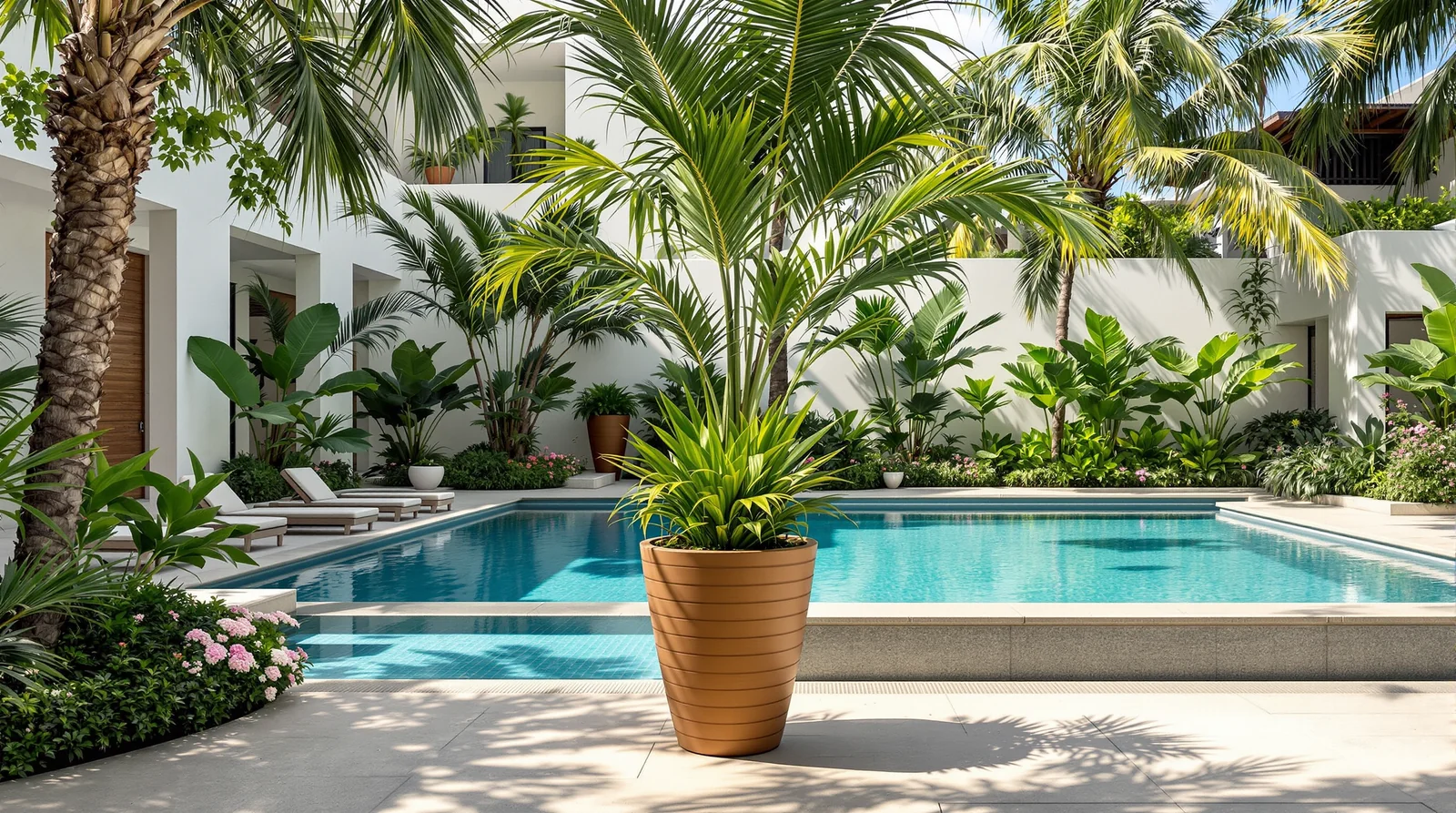 Maceta cónica de fibra de vidrio con acabado madera en parque