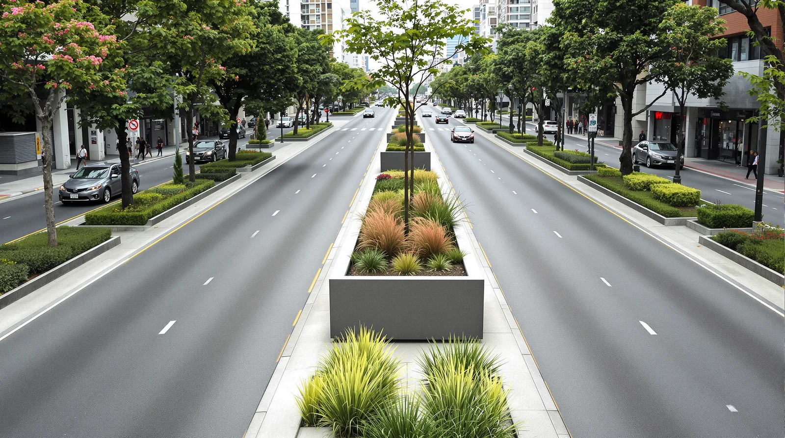Camellón de avenida urbana con jardinera de concreto en obra pública