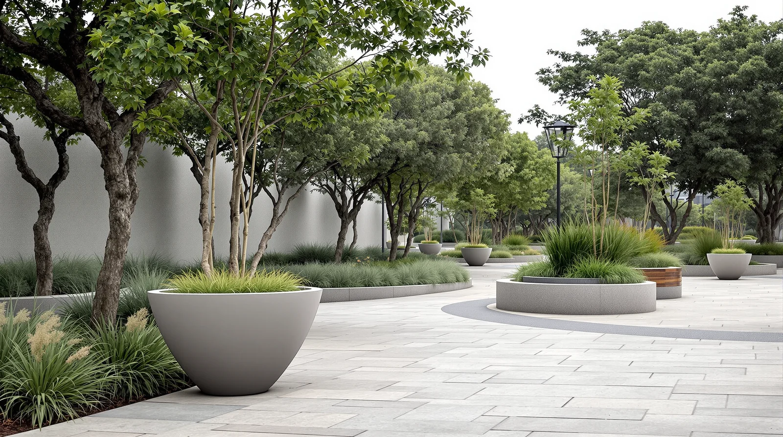 Macetas de polietileno en composición circular en parque público