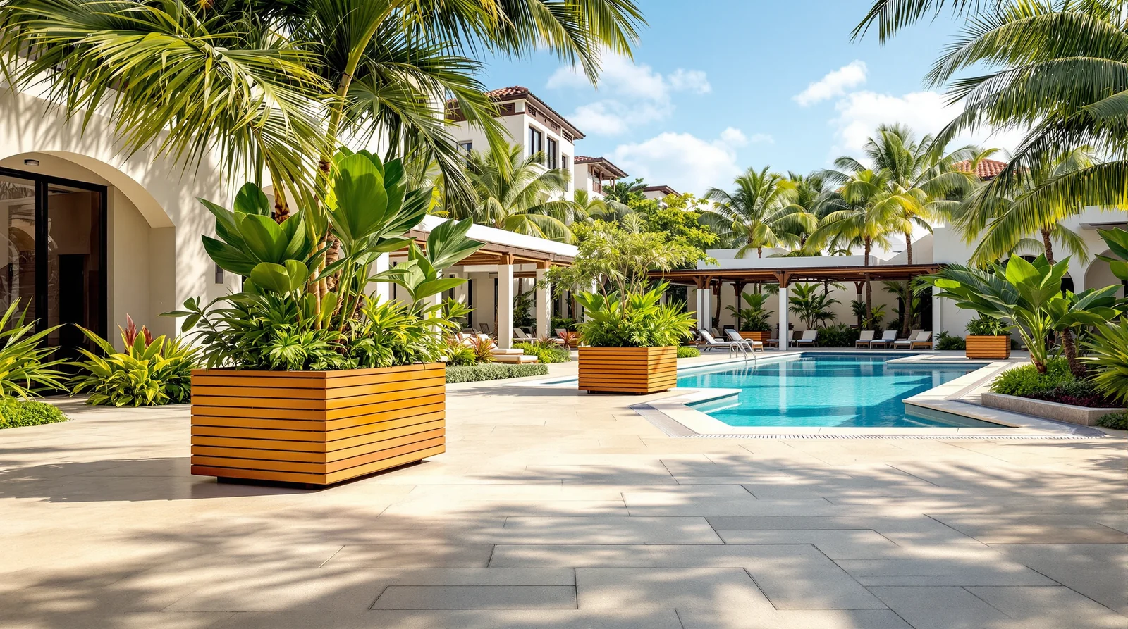 Maceta rectangular de plastimadera con tablas horizontales en color madera natural junto a alberca de hotel boutique tropical mexicano