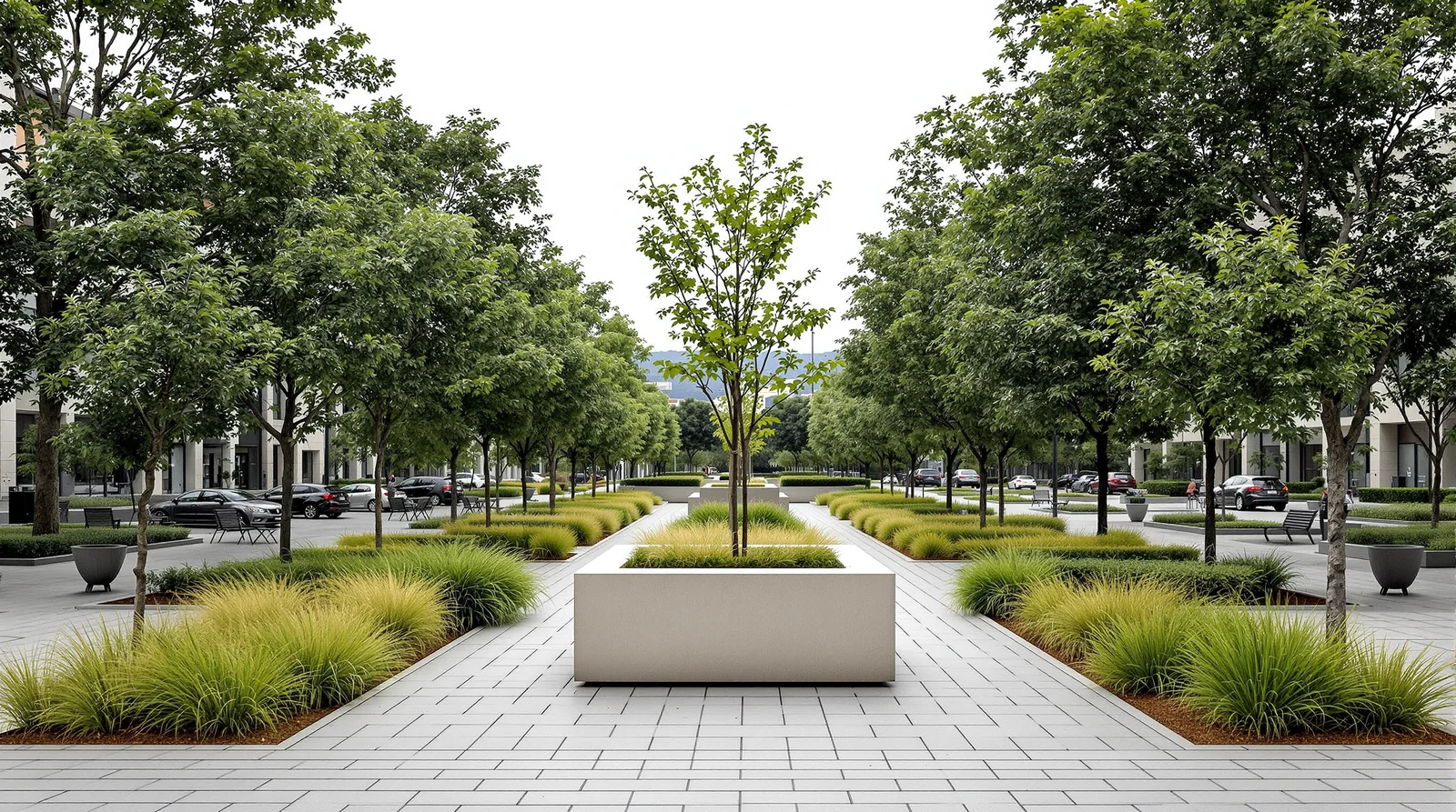 Maceta cúbica de concreto pulido con árbol joven en parque urbano mexicano, día nublado