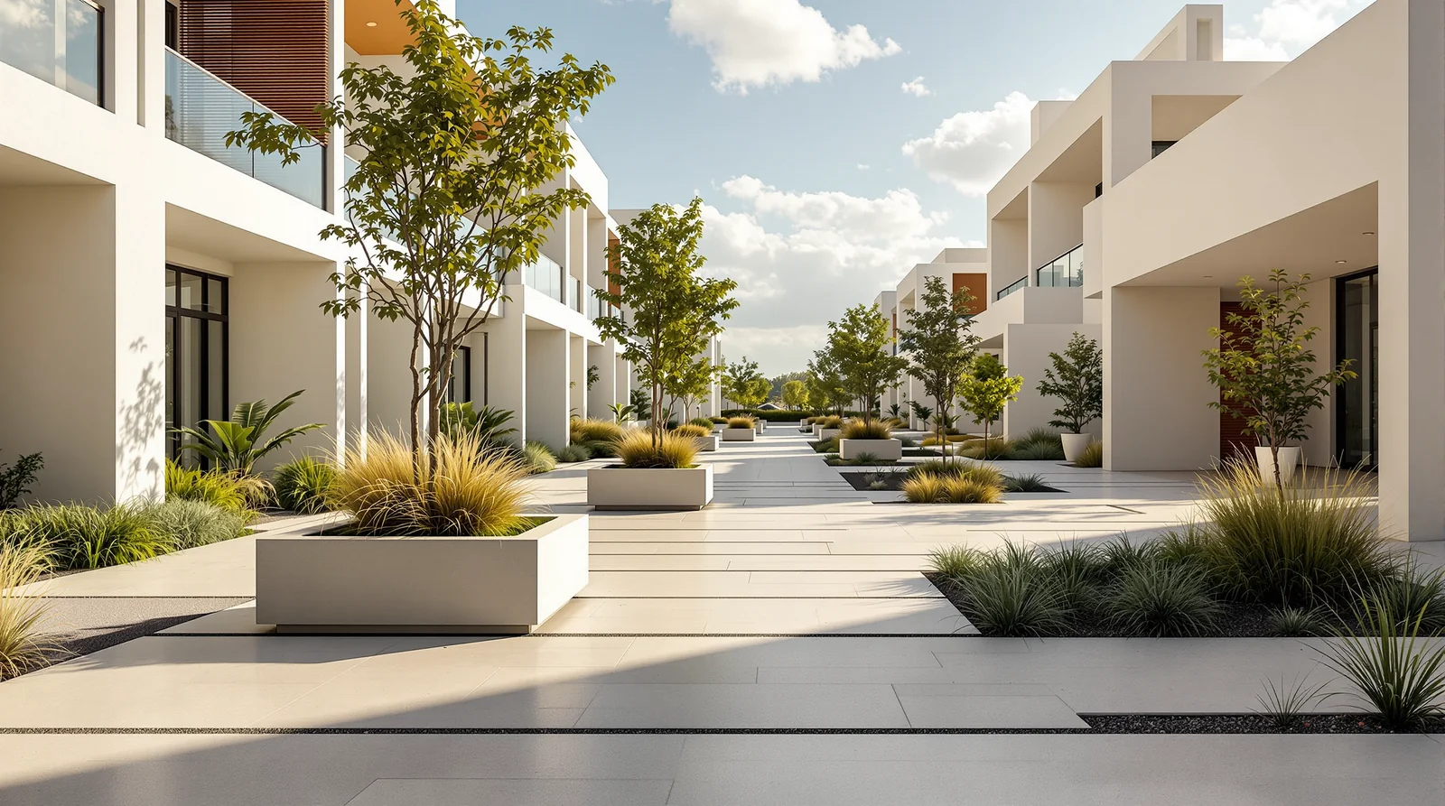 Macetas de concreto pulido en área común de desarrollo residencial premium mexicano, luz cálida de tarde