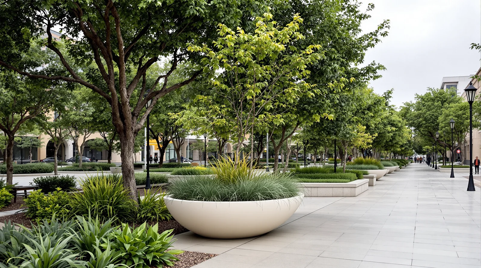 Bowl de fibra de vidrio en tono cálido neutro integrado en parque urbano mexicano, día nublado