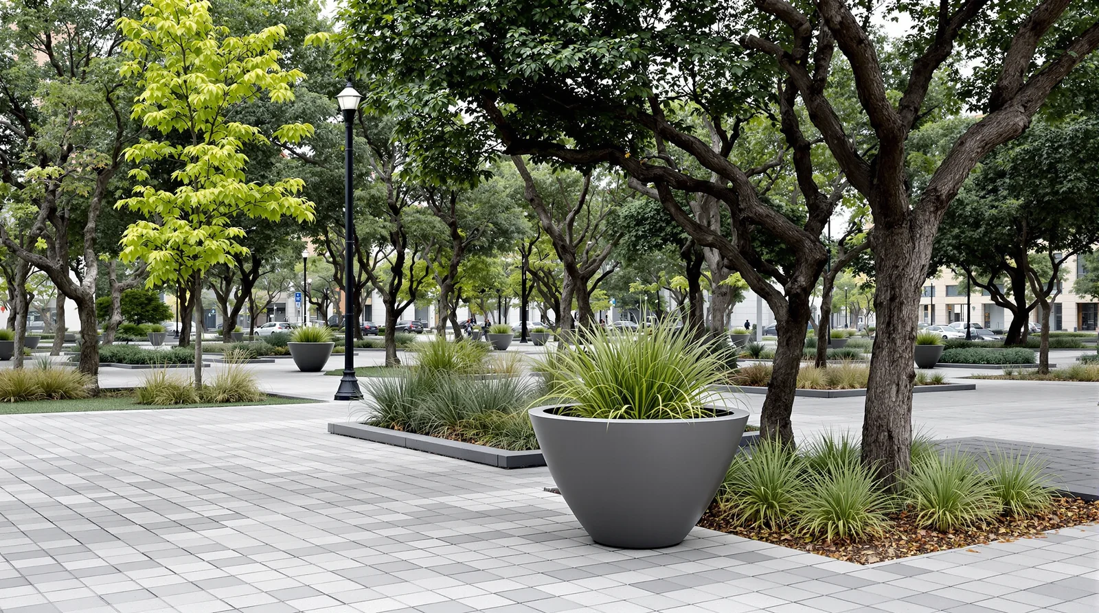 Maceta cónica de polietileno HD en gris medio integrada en parque urbano mexicano, día nublado