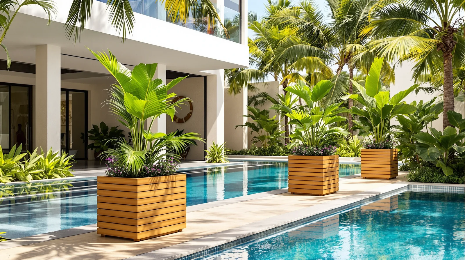 Macetas rectangulares verticales de plastimadera con tablas horizontales en deck de alberca de hotel boutique tropical mexicano