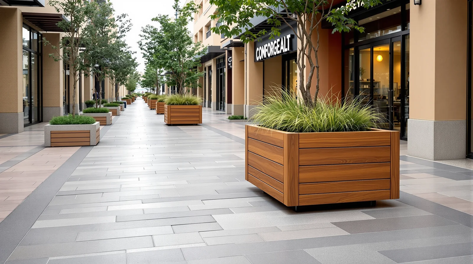 Macetas cubicas de plastimadera con tablas horizontales en andador de plaza comercial mexicana, día nublado suave