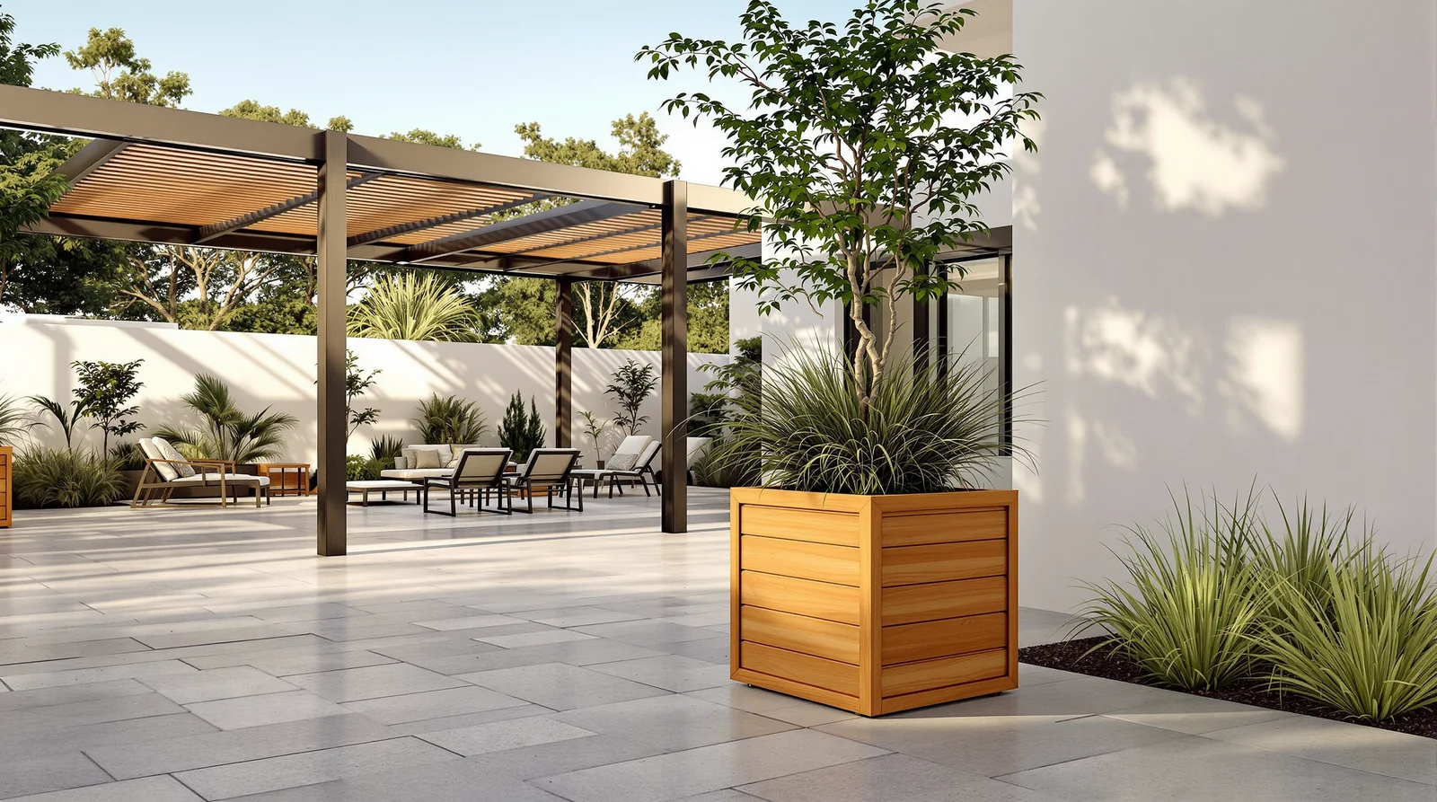 Cubo de plastimadera en terraza residencial con pérgola arquitectónica