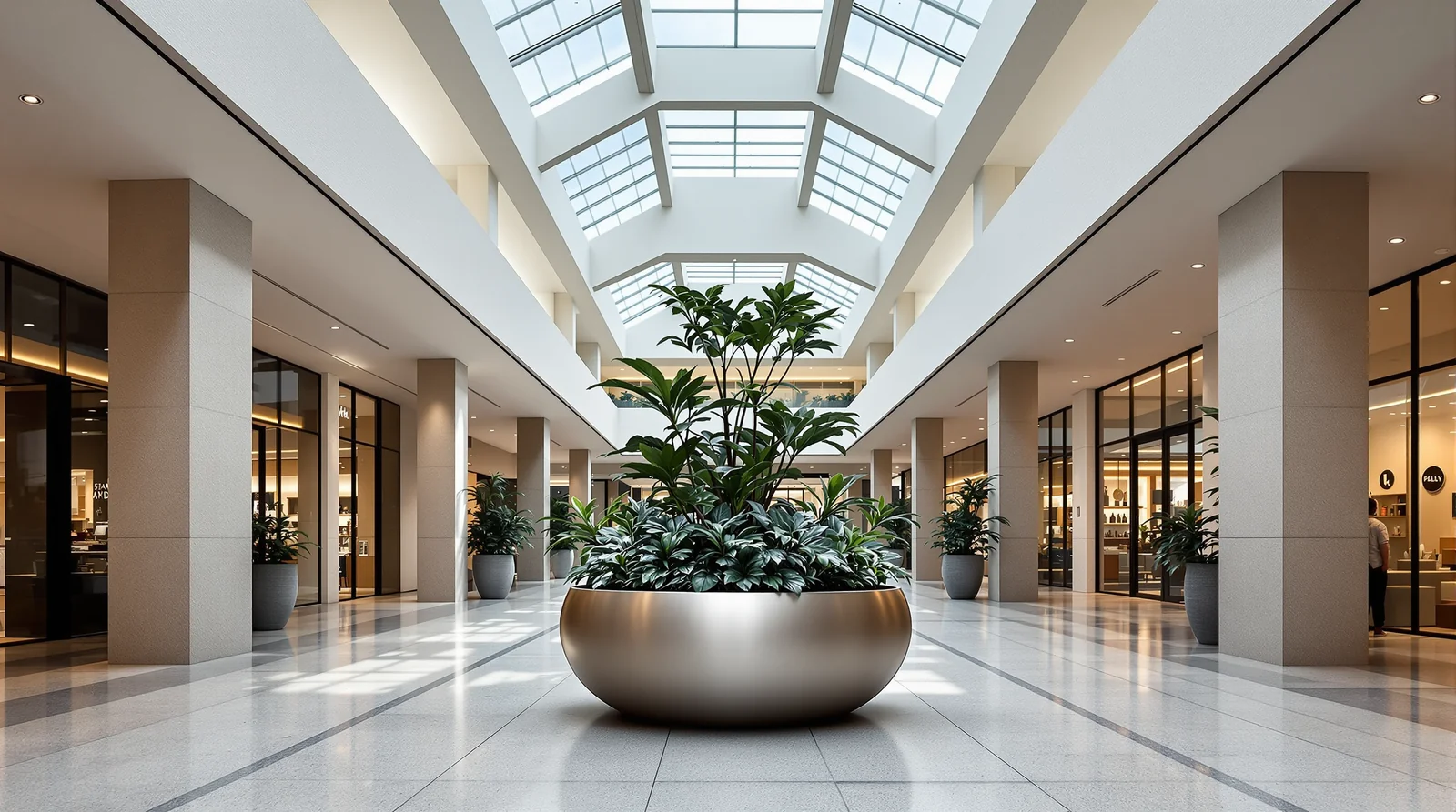 Maceta bowl de acero inoxidable pulido satinado plateado en atrium interior de plaza comercial mexicana, luz neutra