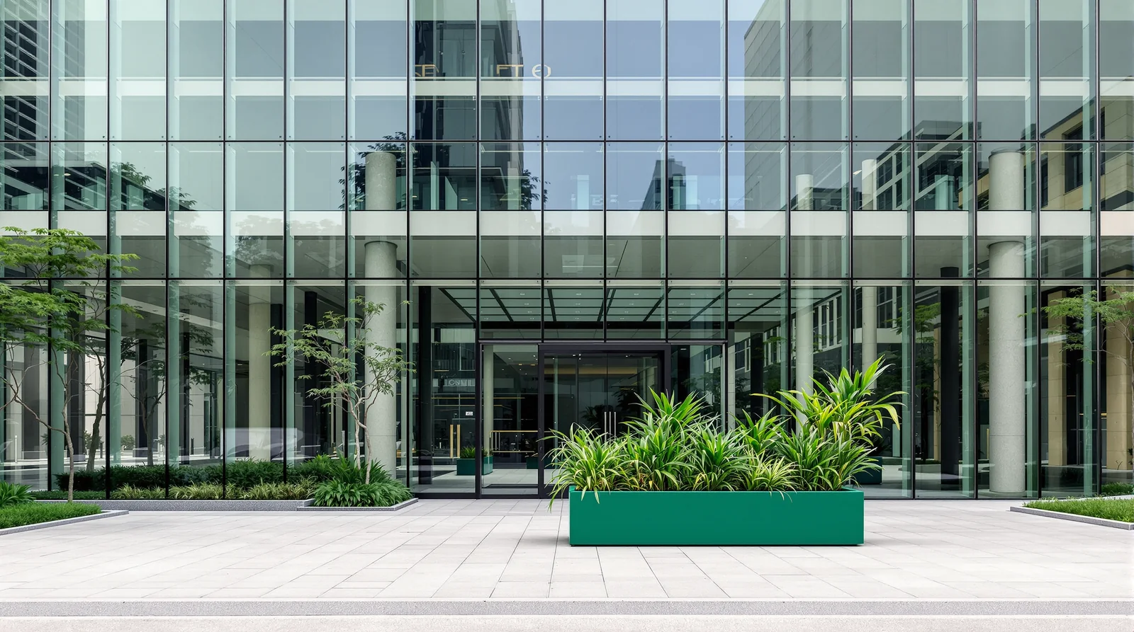 Jardinera de fibra de vidrio en verde botánico oscuro saturado frente a fachada corporativa de cristal en CDMX, luz difusa