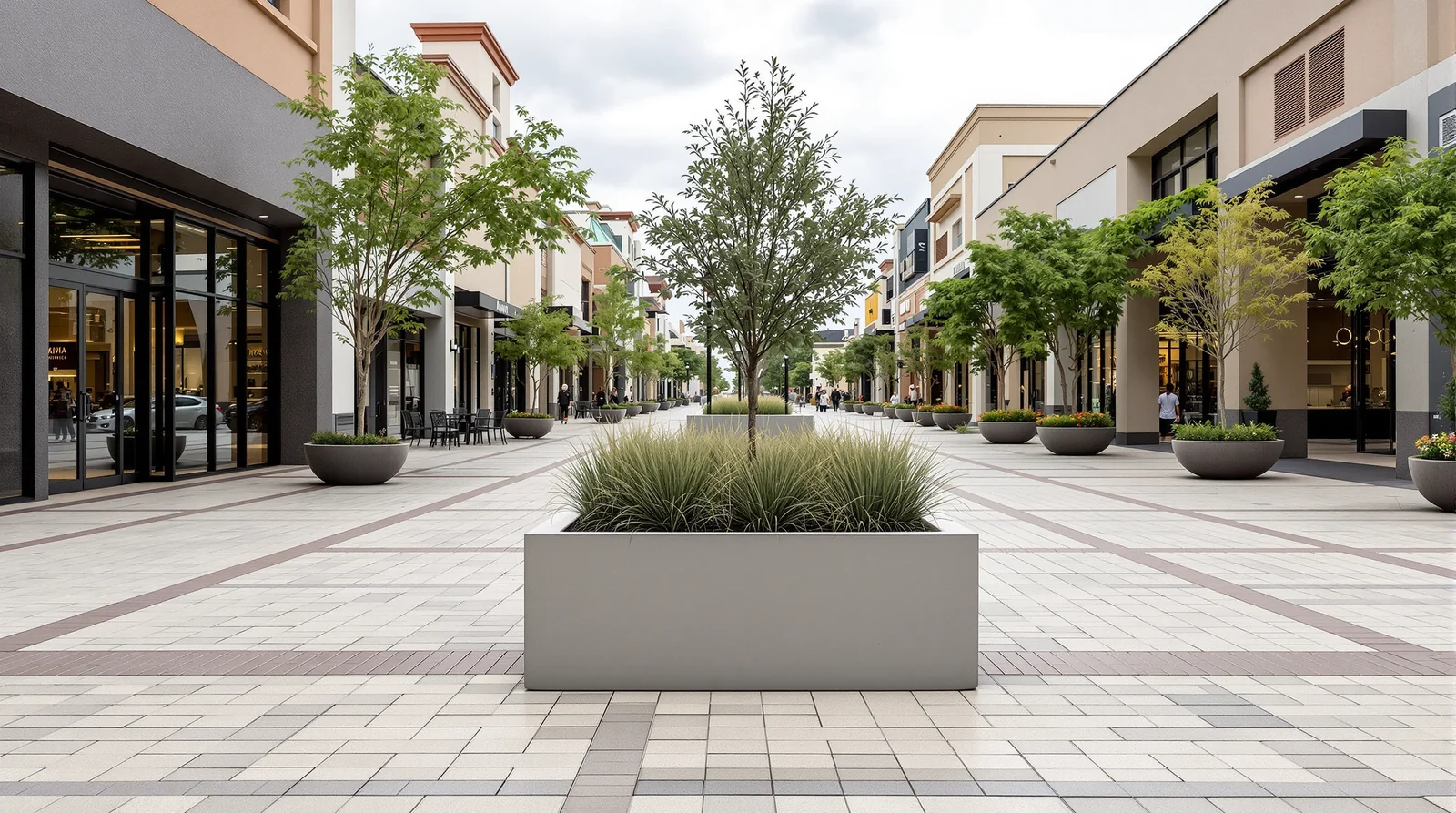 Maceta cubica de concreto en acceso de plaza comercial