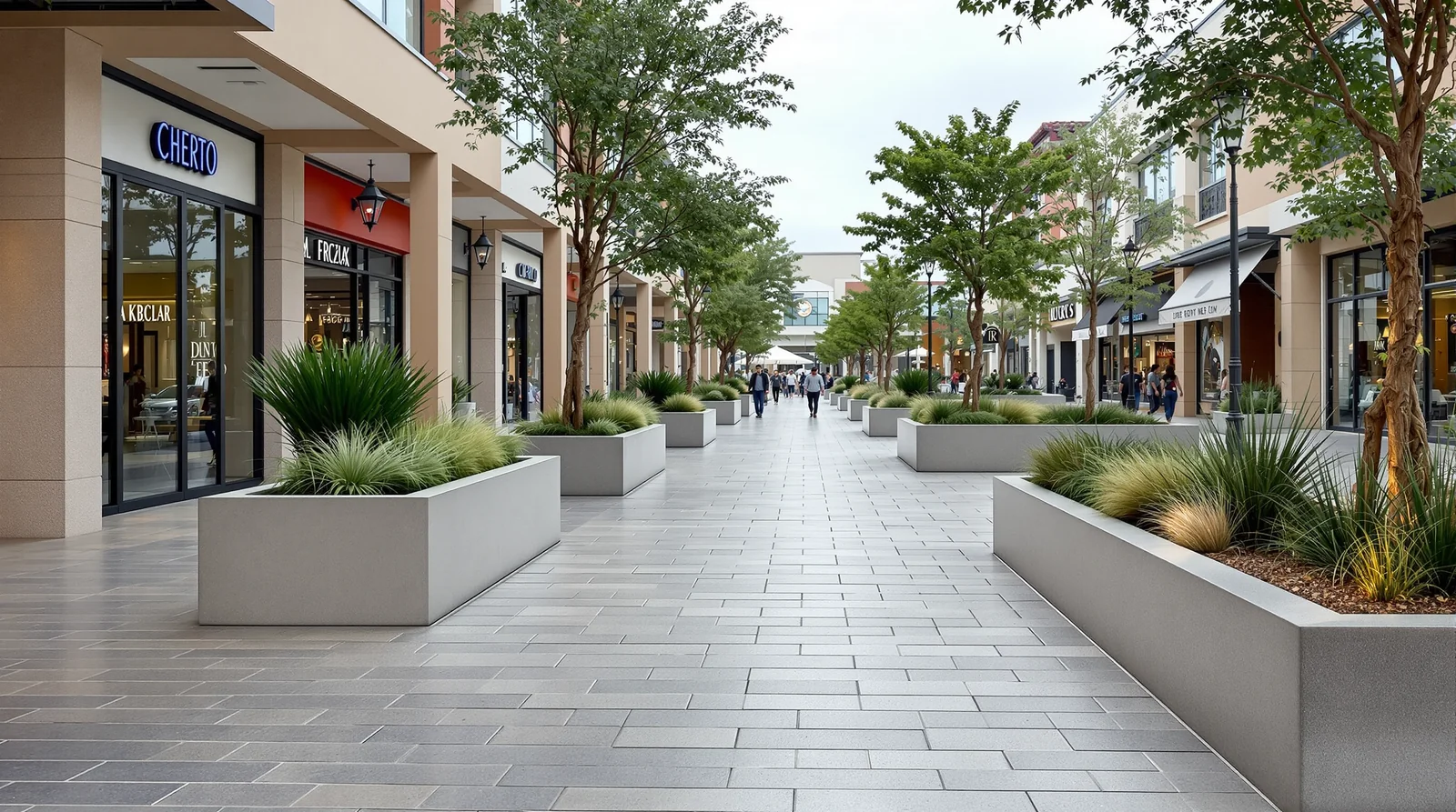 Jardineras de concreto en andador de plaza comercial mexicana