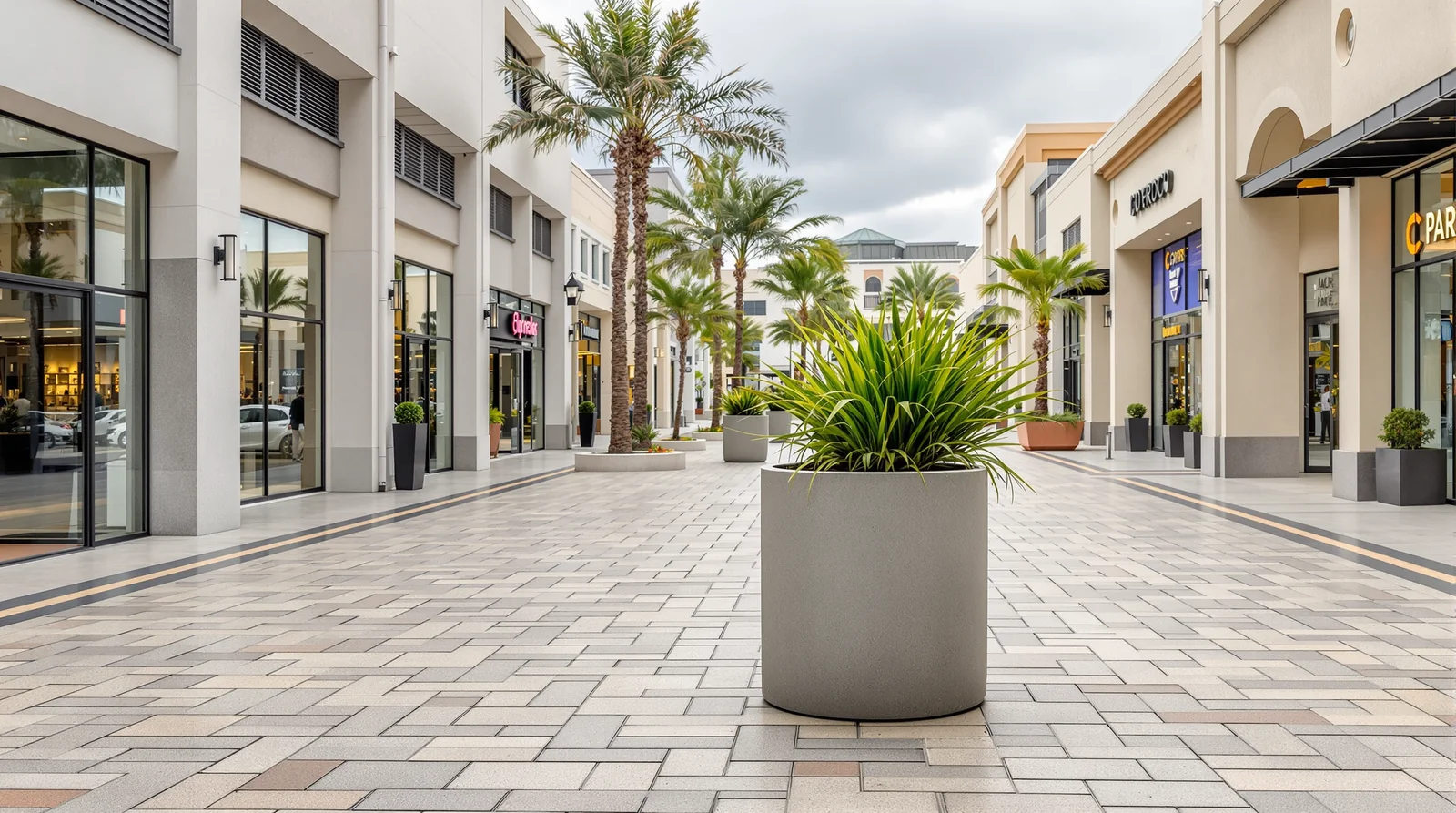 Maceta vertical alta de concreto pulido en plaza comercial mexicana retail con palmeras, día nublado suave